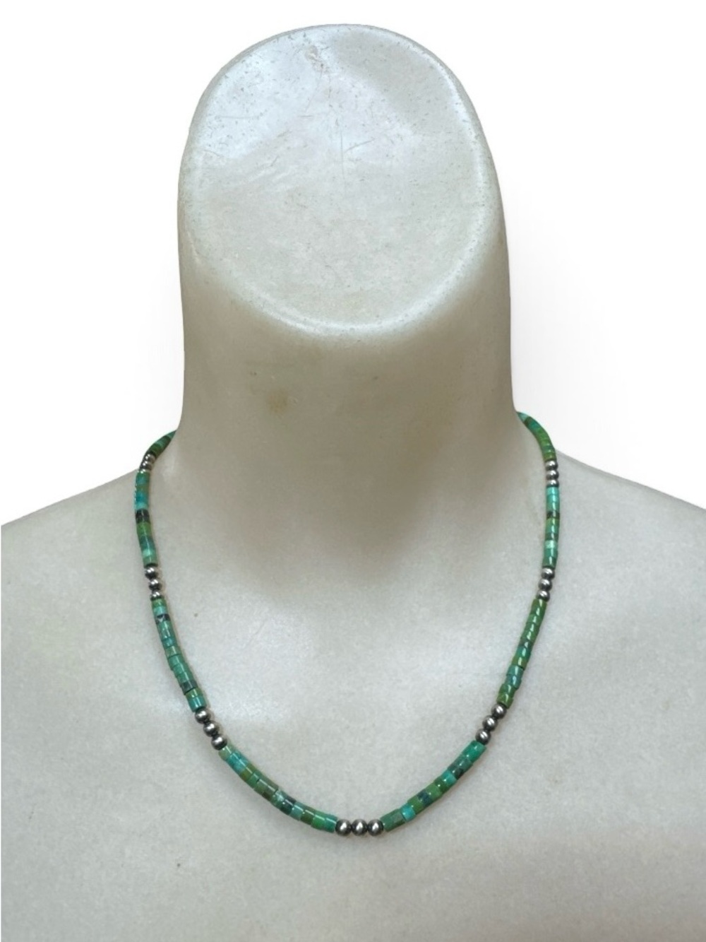 Vintage Y2K Sterling Silver Natural Green Turquoise Heishi Necklace 18”